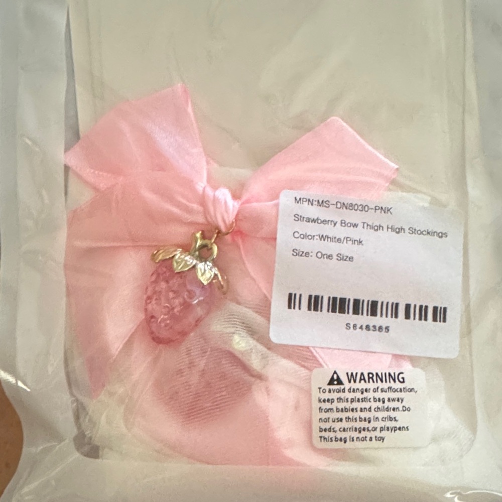 NWT White and pink Bow Strawberry Bow Thigh High Stockings - Picture 2 of 5